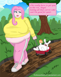 Size: 1024x1277 | Tagged: safe, artist:professordoctorc, fluttershy, human, g4, breasts, busty fluttershy, clothes, fat, fattershy, female, humanized, morbidly obese, muffin top, obese, pants, sweater, sweatershy