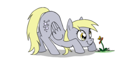 Size: 1024x489 | Tagged: safe, artist:hobbsmeerkat, derpy hooves, butterfly, pegasus, pony, g4, female, flower, mare, scrunchy face, solo