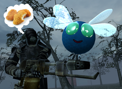 Size: 969x713 | Tagged: safe, artist:dbuilder, parasprite, 3d, chicken nugget, clone, f.e.a.r., flamethrower, gmod, implied immolation, lunchtime, mercenary, tastes like chicken, this will end in death, thought bubble, weapon