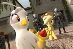 Size: 1093x731 | Tagged: safe, artist:dbuilder, applejack, gilda, griffon, g4, 3d, civil protection, gmod, half-life, half-life 2, market, ratted out, stealing