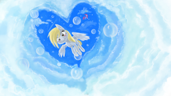 Size: 1920x1080 | Tagged: safe, artist:hierozaki, derpy hooves, pinkie pie, pegasus, pony, g4, balloon, blushing, bubble, cloud, cloudy, female, floating, flying, heart, mare, sky, smiling, then watch her balloons lift her up to the sky, vertigo