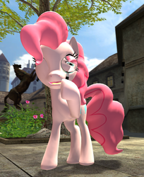 Size: 621x762 | Tagged: safe, artist:dbuilder, pinkie pie, g4, 3d, gmod, horse statue, magnifying glass, park, tree