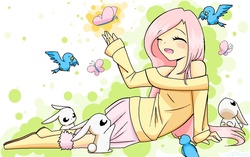 Size: 1078x678 | Tagged: safe, artist:ninitheweenie, fluttershy, bird, butterfly, human, rabbit, g4, abstract background, animal, clothes, cute, eyes closed, female, humanized, off shoulder, open mouth, shyabetes, sitting, skirt, solo, sweater, sweatershy
