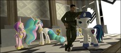 Size: 1338x596 | Tagged: safe, artist:dbuilder, princess cadance, princess celestia, shining armor, oc, human, g4, 3d, annoyed, castle, floppy ears, frown, glare, gmod, grin, grumpy, leaning, paladin, royal guard, smiling