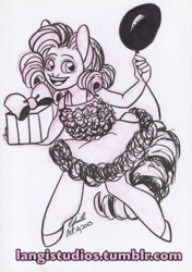 Size: 406x576 | Tagged: safe, artist:langistudios, pinkie pie, earth pony, anthro, g4, balloon, female, ink, monochrome, solo