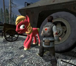 Size: 964x829 | Tagged: safe, artist:dbuilder, big macintosh, earth pony, pony, g4, 3d, apc, apple-jack, cart, forest, gmod, lifting, male, medic, repair, repairing, stallion, vehicle, working