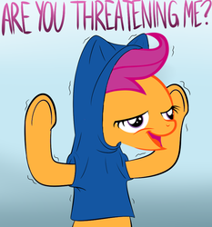 Size: 700x750 | Tagged: safe, scootaloo, pegasus, pony, g4, beavis, beavis and butthead, chickun, cornholio, exploitable meme, female, filly, meme