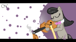 Size: 1199x667 | Tagged: safe, artist:crackernut, octavia melody, g4, bullet, cello, female, gun, machine gun, musical instrument, solo