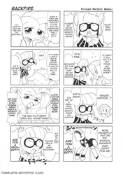 Size: 1200x1700 | Tagged: safe, artist:azuharu, fluttershy, photo finish, g4, 4koma, clothes, comic, costume, fetish, maid, model, modelshy, monochrome, translation