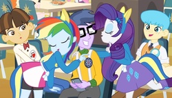 Size: 1241x705 | Tagged: safe, screencap, micro chips, rainbow dash, rarity, wiz kid, equestria girls, g4, my little pony equestria girls, background human, glasses, helping twilight win the crown, wondercolts