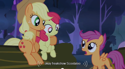 Size: 640x355 | Tagged: safe, edit, edited screencap, screencap, apple bloom, applejack, scootaloo, earth pony, pegasus, pony, g4, sleepless in ponyville, caption, female, filly, hug, mare, meme, youtube caption