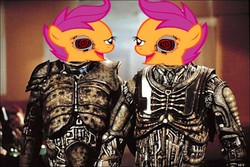 Size: 800x533 | Tagged: safe, scootaloo, g4, borg, chickun, exploitable meme, meme, star trek