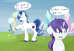 Size: 1280x895 | Tagged: dead source, safe, artist:kryptchild, rarity, shining armor, pony, unicorn, g4, alternate hairstyle, body swap, dialogue, female, magic, male, mare, scroll, shorn fetlocks, stallion, tail wrap, writing