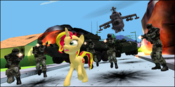 Size: 1263x633 | Tagged: safe, artist:dbuilder, sunset shimmer, human, pony, unicorn, g4, 3d, ed edd n eddy, explosion, gmod, helicopter, military, soldier, street, vehicle