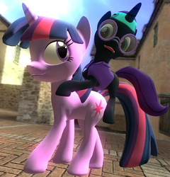 Size: 830x865 | Tagged: safe, artist:dbuilder, twilight sparkle, oc, oc:nyx, fanfic:past sins, g4, 3d, cute, female, glasses, gmod