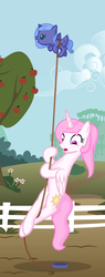 Size: 1024x2683 | Tagged: safe, artist:arvaus, princess celestia, princess luna, alicorn, pony, g4, apple tree, baby, baby pony, carrying, cewestia, child harness, child leash, cute, day, digital art, female, fence, filly, flying, foal, harness, leash, looking at something, looking down, looking forward, mare, open mouth, outdoors, pink mane, pink-mane celestia, rope, sky, tether, tree, woona
