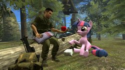 Size: 1191x670 | Tagged: safe, artist:dbuilder, twilight sparkle, oc, g4, 3d, apple, backpack, crane, female, forest, gmod, gun, log, male, rifle, sl8, turret, weapon