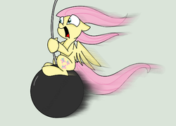Size: 517x370 | Tagged: safe, artist:papermonster2000, fluttershy, g4, female, miley cyrus, riding, solo, wrecking ball