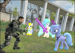 Size: 981x695 | Tagged: safe, artist:dbuilder, princess celestia, princess luna, human, g4, 3d, armor, bridge, gmod, horse statue, paladin, royal guard, s1 luna, sword, training, yard