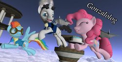 Size: 1243x642 | Tagged: safe, artist:dbuilder, pinkie pie, rainbow dash, oc, pony, unicorn, g4, 3d, artificial wings, augmented, birthday cake, birthday gift, cake, gmod, gonzalolog, mechanical wing, sky, wings, wonderbolt trainee uniform