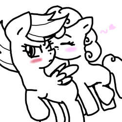 Size: 500x500 | Tagged: source needed, safe, artist:stockingstreams, scootaloo, sweetie belle, g4, blushing, chu, female, heart, kissing, lesbian, ship:scootabelle, shipping, wingboner