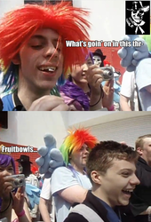 Size: 640x940 | Tagged: safe, artist:tomjmoss, rainbow dash, human, g4, brony, clothes, cosplay, costume, irl, irl human, london mcm expo, photo, text, the man they call ghost, true capitalist radio