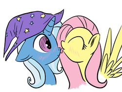 Size: 700x526 | Tagged: safe, artist:xioade, fluttershy, trixie, pegasus, pony, unicorn, g4, :o, blushing, bust, clothes, eyes closed, female, floppy ears, hat, lesbian, licking, open mouth, portrait, shipping, simple background, spread wings, tongue out, trixie's hat, trixieshy, white background