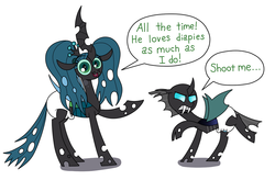 Size: 1280x838 | Tagged: dead source, safe, artist:jay muniz, queen chrysalis, oc, oc:jeff, ask crinkle bottom chrysalis, g4, adult foal, diaper, diaper fetish, female, non-baby in diaper, pigtails, poofy diaper, tumblr