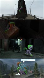 Size: 671x1189 | Tagged: safe, artist:dbuilder, rainbow dash, spike, earth pony, pony, g4, 3d, alley, bridge, chase, chasm, civil protection, combine, farm, forest, gmod, lowres, palette swap, razor train, running, train, unreadable text