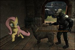 Size: 1013x681 | Tagged: safe, artist:dbuilder, fluttershy, dog, g4, 3d, angry, apc, combine, gmod, leash, park