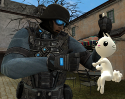 Size: 854x679 | Tagged: safe, artist:dbuilder, angel bunny, g4, 3d, angry, ear hold, gmod, market, mercenary, pointing