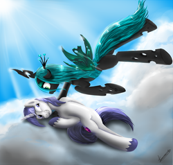 Size: 1000x950 | Tagged: safe, artist:konelozhtsev, queen chrysalis, shining armor, changeling, changeling queen, pony, unicorn, g4, cloud, cloudy, female, flying, male, on back, ship:shining chrysalis, shipping, straight