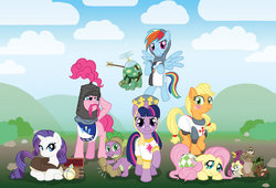 Size: 900x612 | Tagged: safe, artist:runicrhyme, applejack, fluttershy, pinkie pie, rainbow dash, rarity, spike, tank, twilight sparkle, bird, dragon, earth pony, ferret, mouse, pegasus, pony, squirrel, unicorn, g4, armor, arrow, blushing, boots, clothes, crossover, day, helmet, holy hand grenade of antioch, king arthur, knights of the round table, mane seven, monty python, monty python and the holy grail, moustache, palindrome get, parody, unicorn twilight