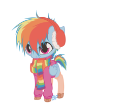 Size: 1500x1266 | Tagged: safe, artist:burbonicecreamfloat, rainbow dash, g4, boots, clothes, cute, dashabetes, earmuffs, female, filly, filly rainbow dash, leg warmers, scarf, simple background, smiling, socks, solo, sweater, transparent background, vector