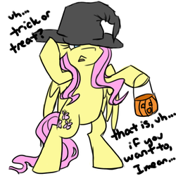 Size: 1000x1000 | Tagged: safe, artist:violyre, fluttershy, pony, g4, bipedal, female, halloween, hat, if that's okay with you, nightmare night, solo