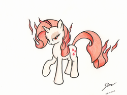 Size: 2880x2160 | Tagged: safe, artist:abyssalemissary, rarity, elemental, pony, unicorn, g4, colored pencil drawing, female, fire, inked, mane of fire, mare, solo, traditional art, transformation