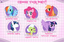 Size: 751x501 | Tagged: safe, big macintosh, granny smith, pinkie pie, rainbow dash, shining armor, twilight sparkle, alicorn, pony, g4, official, equestrivia challenge, female, game, hubworld, mare, twilight sparkle (alicorn)