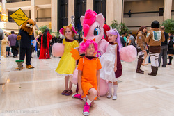 Size: 5520x3684 | Tagged: artist needed, safe, apple bloom, pinkie pie, scootaloo, sweetie belle, human, g4, anime weekend atlanta, convention, cosplay, crossover, cutie mark crusaders, fursuit, irl, irl human, pedobear, photo, target demographic