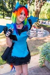 Size: 3684x5520 | Tagged: safe, artist:destinycosplay, rainbow dash, human, g4, anime weekend atlanta, apron, clothes, cosplay, dress, fingerless gloves, food, gloves, irl, irl human, maid, photo, solo, waitress, wings