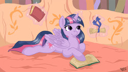 Size: 1024x577 | Tagged: dead source, safe, artist:veritasket, twilight sparkle, alicorn, pony, g4, book, female, golden oaks library, library, magic, mare, scroll, solo, twilight sparkle (alicorn)