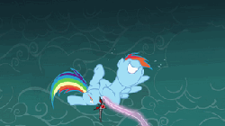 Size: 320x180 | Tagged: safe, screencap, rainbow dash, g4, magic duel, alicorn amulet, animated, female, laughing, nose in the air, solo, tickle beam, tickling