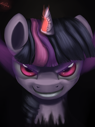 Size: 2040x2707 | Tagged: safe, artist:alorpax, twilight sparkle, g4, colored horn, corrupted, corrupted twilight sparkle, curved horn, dark magic, deformed horn, female, horn, horn rot, magic, portrait, solo, sombra eyes, sombra horn