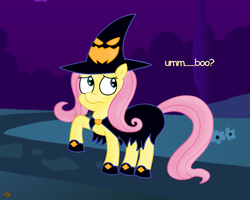 Size: 1280x1024 | Tagged: safe, artist:supermaster10, fluttershy, pegasus, pony, g4, boo, cape, clothes, costume, cute, female, frown, halloween, hat, jack-o-lantern, looking up, mare, nightmare night, raised hoof, solo, witch hat