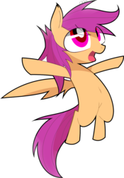 Size: 911x1304 | Tagged: dead source, safe, artist:aurura, scootaloo, pegasus, pony, g4, blank flank, female, filly, flying, open mouth, scootaloo can fly, simple background, solo, spread wings, transparent background, wings