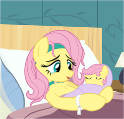 Size: 6000x5765 | Tagged: safe, artist:matty4z, fluttershy, posey, pony, g1, g4, absurd resolution, baby, baby pony, babyshy, bed, blanket, chest fluff, cute, filly, foal, g1 to g4, generation leap, headband, hospital, lamp, mother and daughter, newborn, origins, pillow, poseybetes, shyabetes, wristband