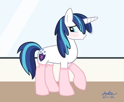 Size: 970x796 | Tagged: safe, artist:jacksterqueen, shining armor, g4, blushing, clothes, male, mirror, socks, solo