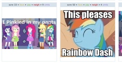 Size: 768x399 | Tagged: safe, applejack, fluttershy, pinkie pie, rainbow dash, rarity, equestria girls, g4, exploitable meme, juxtaposition, juxtaposition win, meme