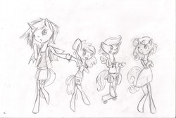 Size: 2338x1573 | Tagged: safe, artist:afternoondreams0, apple bloom, scootaloo, sweetie belle, oc, anthro, g4, cutie mark crusaders, monochrome, traditional art