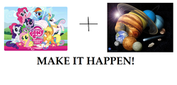 Size: 1073x516 | Tagged: artist needed, safe, applejack, fluttershy, pinkie pie, princess celestia, rainbow dash, rarity, spike, twilight sparkle, g4, earth, exploitable meme, hilarious in hindsight, it happened, jupiter, make it happen, mars, meme, mercury (planet), moon, neptune, planet, pluto (planet), saturn, solar system, sun, uranus, venus