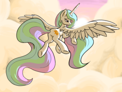 Size: 1600x1200 | Tagged: safe, artist:nadnerbd, princess celestia, alicorn, pony, backlighting, butt, cloud, cloudy, female, flying, horn, large wings, lidded eyes, long horn, long mane, long tail, mare, plot, raised hoof, sad, simple background, sky, solo, spread wings, sun, tail, underhoof, wings